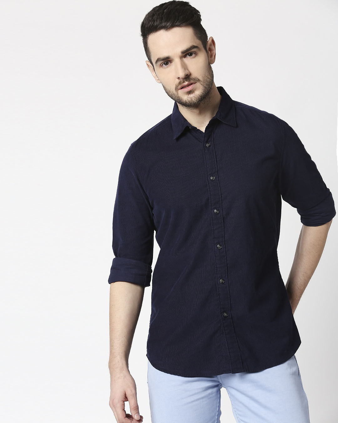 Buy Men's Navy Casual Slim Fit Corduroy Shirt Online at Bewakoof