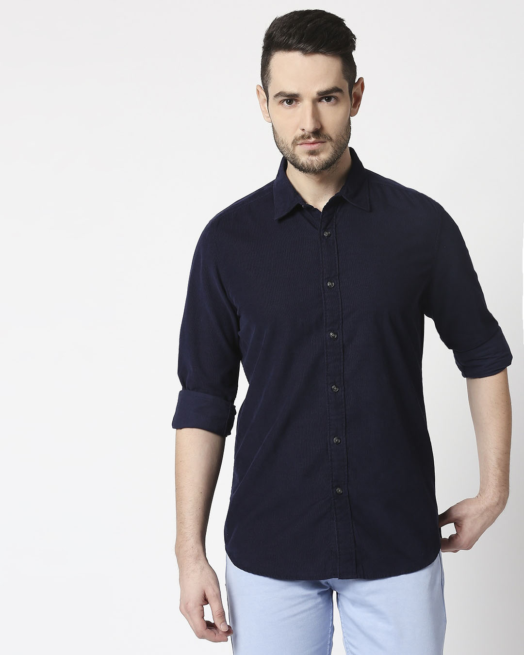 Shop Men's Navy Casual Slim Fit Corduroy Shirt-Back
