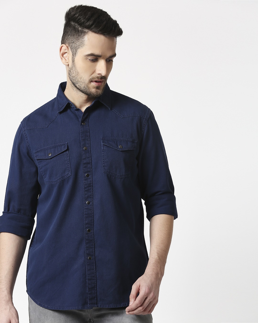 Shop Men's Navy Casual Twill Over Dyed Slim Fit Shirt-Back