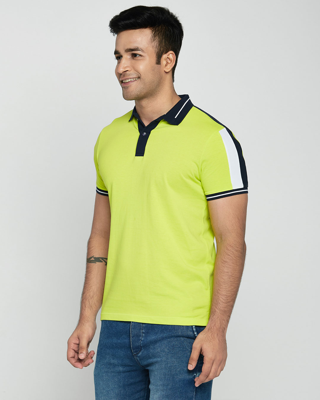 Shop Men's Neon Lime-Navy Sporty Sleeve Panel Polo T-Shirt-Back