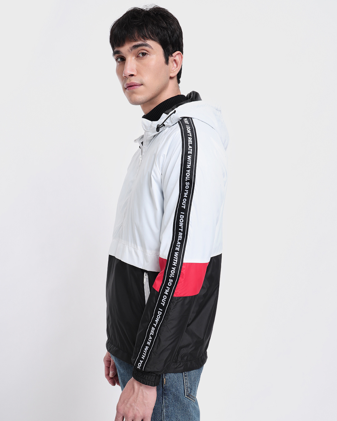 Shop Men's White & Black Color Block Oversized Windcheater Jacket-Back