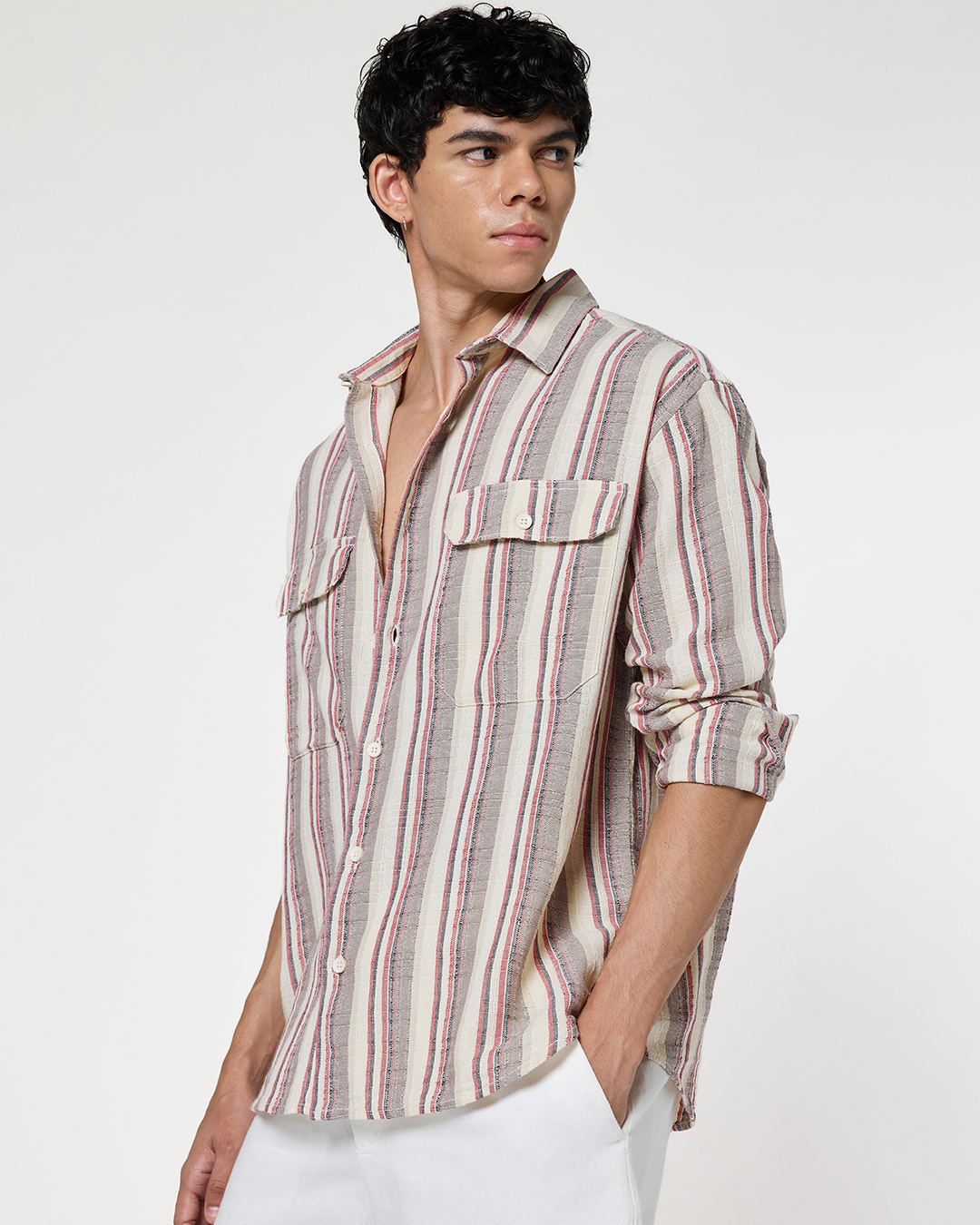 Shop Men's Off White & Dusty Pink Striped Oversized Shirt-Back