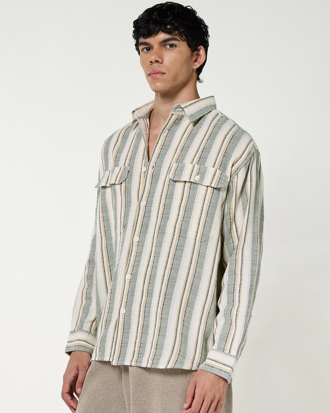 Shop Men's Off White & Green Striped Oversized Shirt-Back