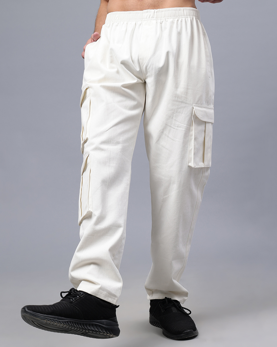 Shop Men's Off White Loose Comfort Fit Cargo Pants-Back