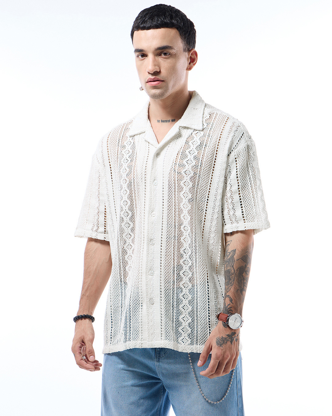 Shop Men's Off White Oversized Crochet Shirt-Back