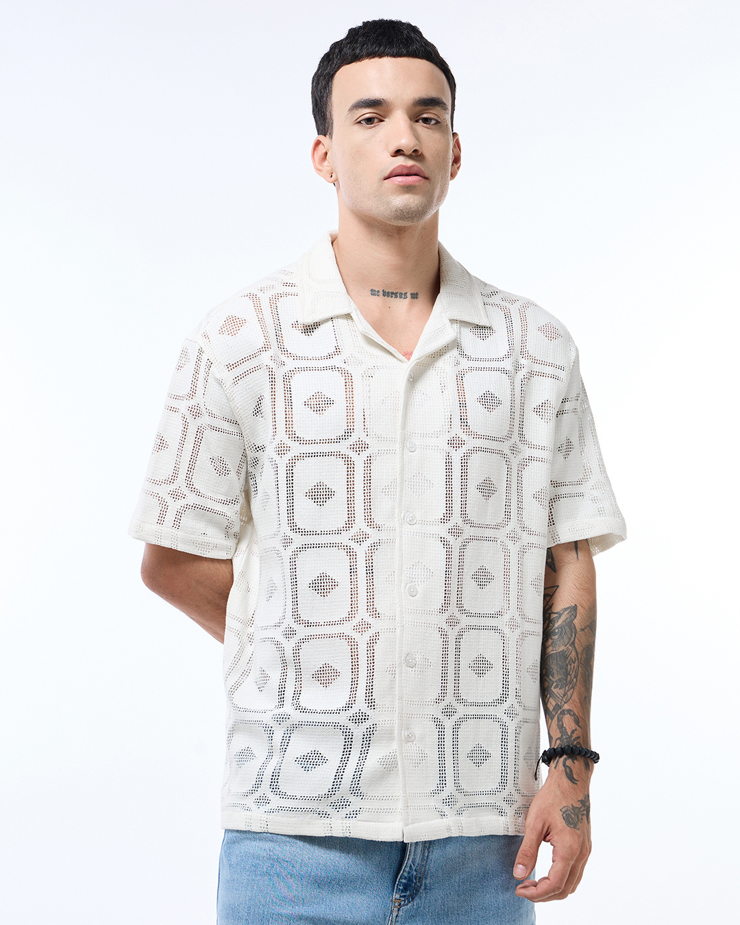 Shop Men's Off White Oversized Crochet Shirt-Back