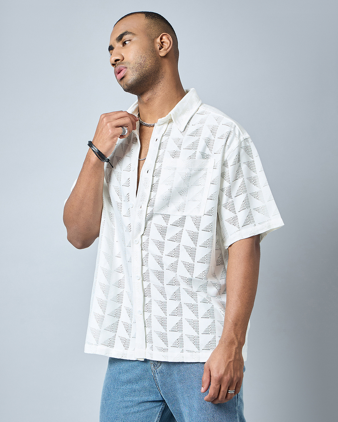 Shop Men's White Self Design Oversized Shirt-Back