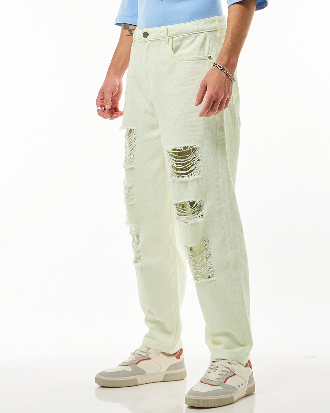 Shop Men's Off White Tapered Fit Distressed Jeans-Back