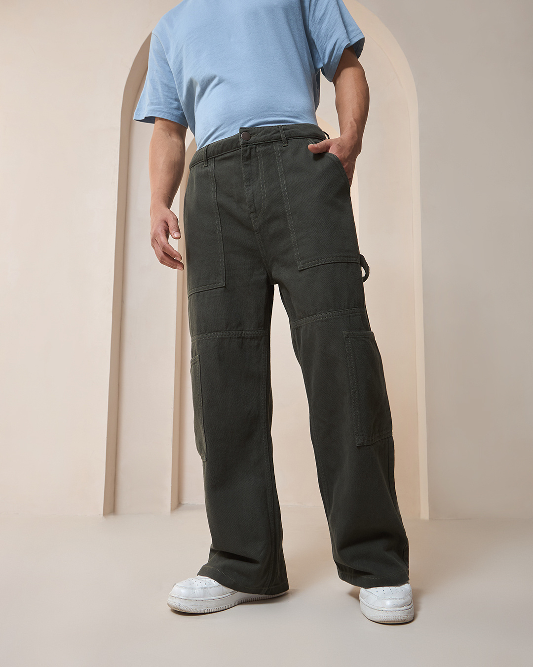 Shop Men's Olive Baggy Straight Fit Carpenter Jeans-Back
