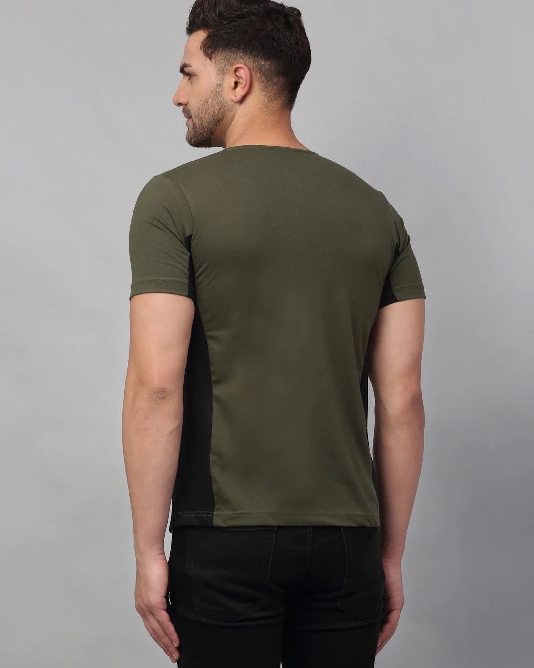 Shop Men's Olive Green & Black Color Block Slim Fit T-shirt-Back