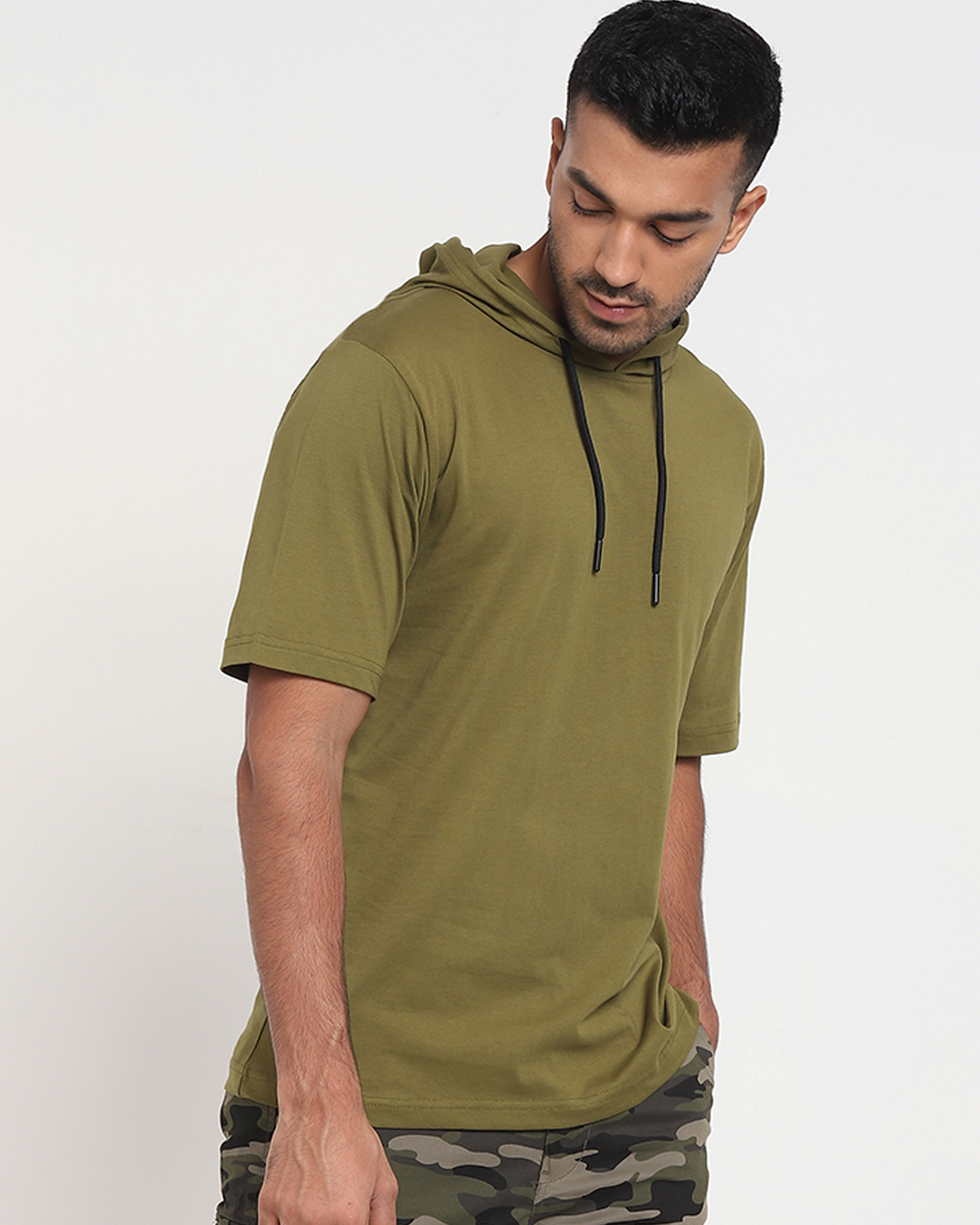 Shop Men's Olive Branch Half Sleeve Hoodie T-shirt-Back