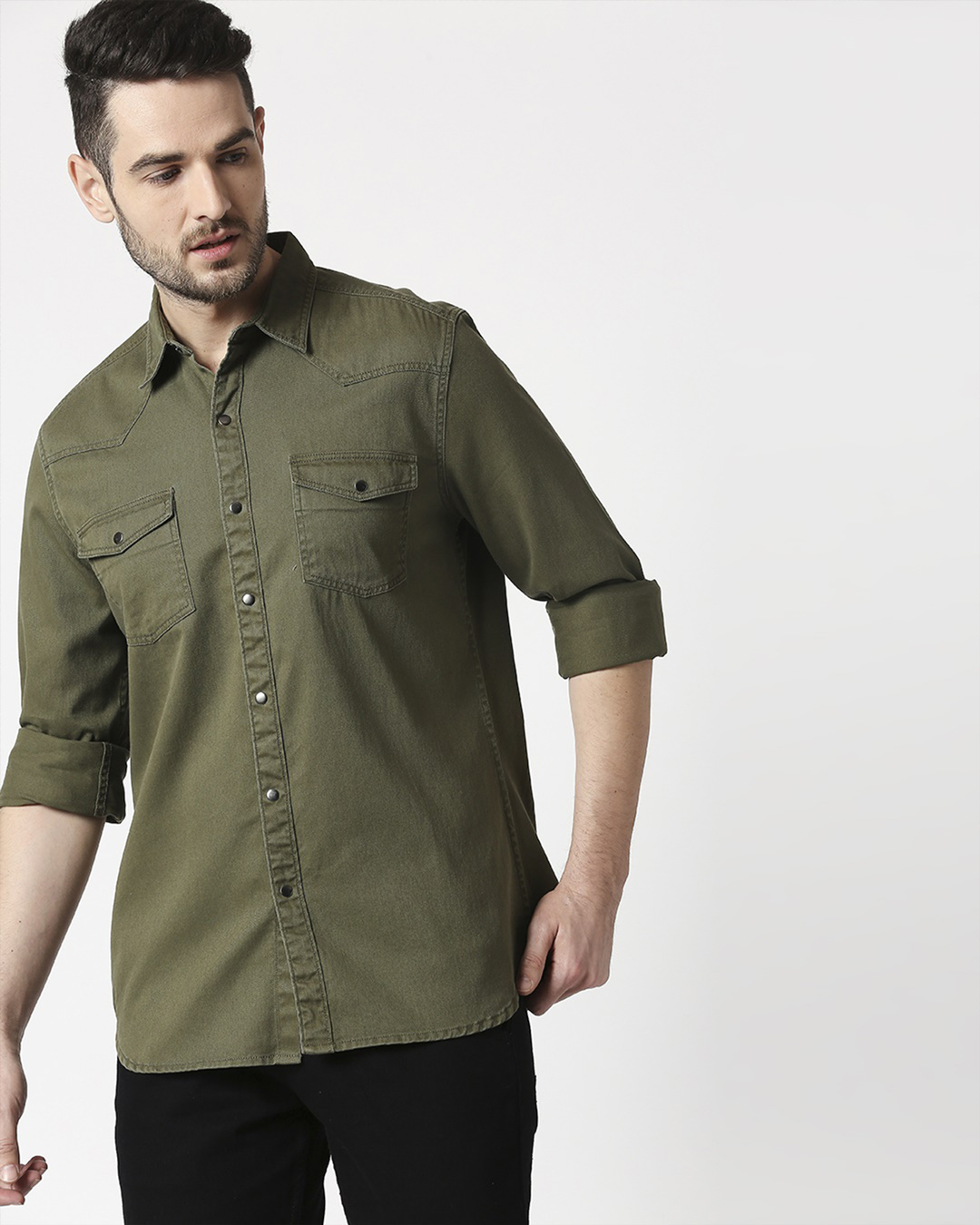 Shop Men's Olive Casual Twill Over Dyed Slim Fit Shirt-Back
