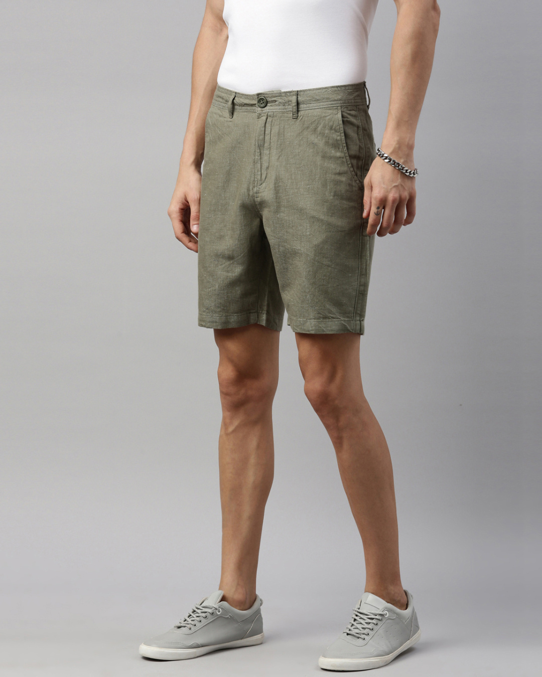 Shop Men's Olive Cotton Linen Shorts-Back