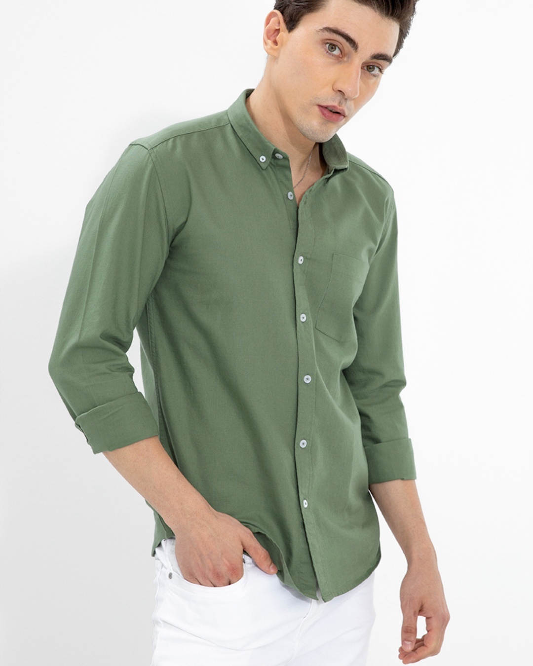 Shop Men's Olive Cotton Shirt-Back