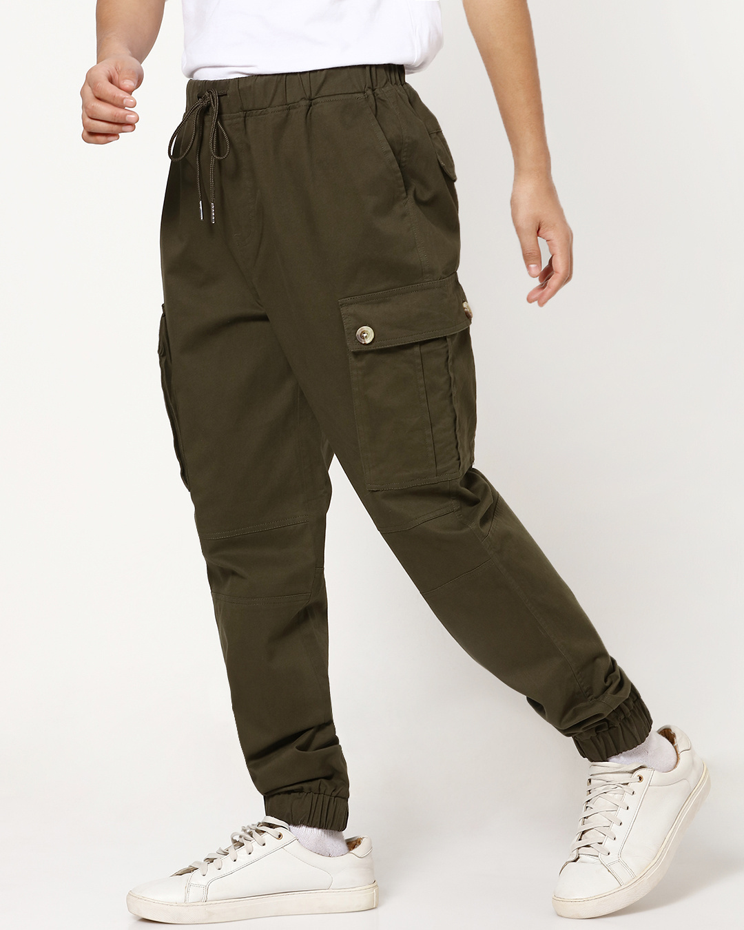 Shop Men's Olive Elastic Waistband Cargo Jogger Pants-Back