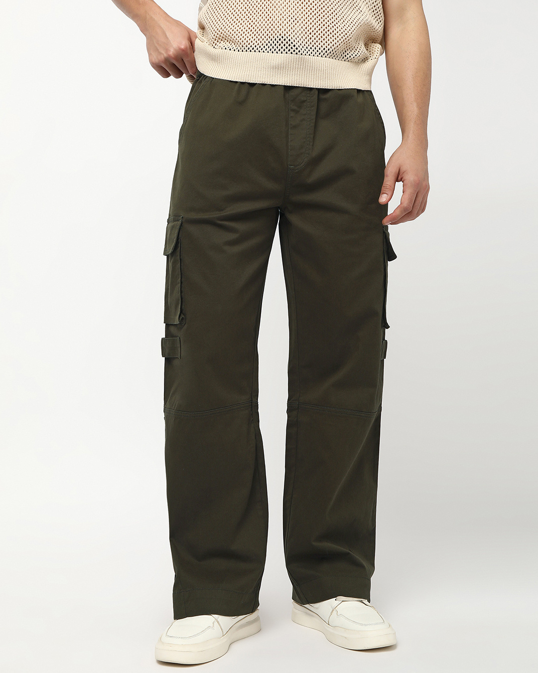 Shop Men's Olive Green Baggy Straight Fit Cargo Pants-Back