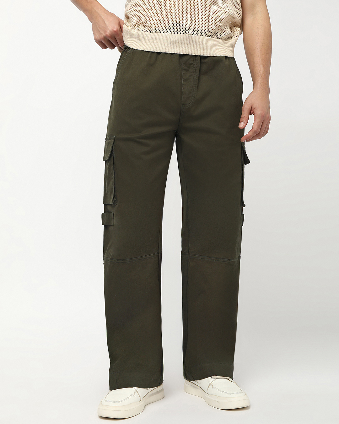 Shop Men's Olive Green Baggy Straight Fit Cargo Pants-Back