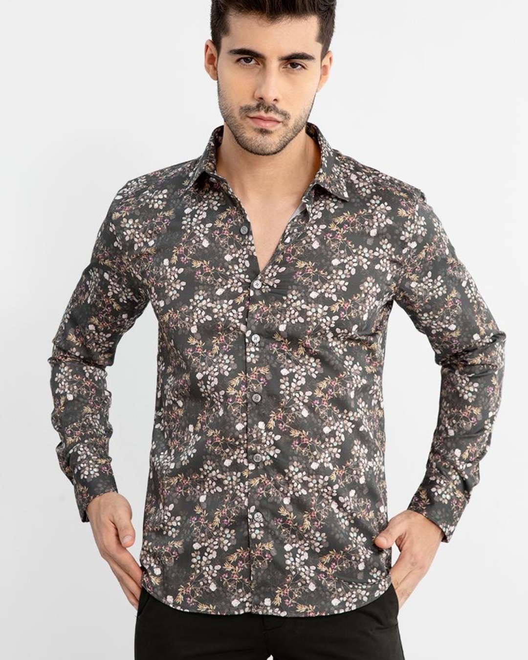 Buy Men's Olive Green Buds Printed Slim Fit Shirt for Men Green Online ...