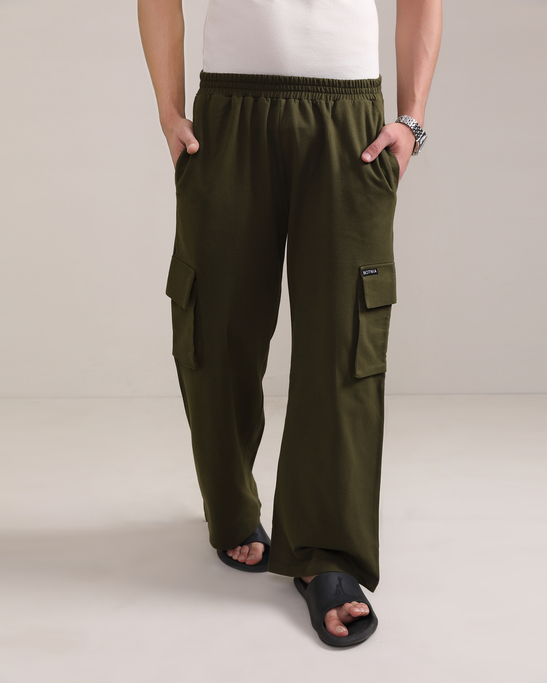 Shop Men's Olive Green Cargo Track Pants-Back