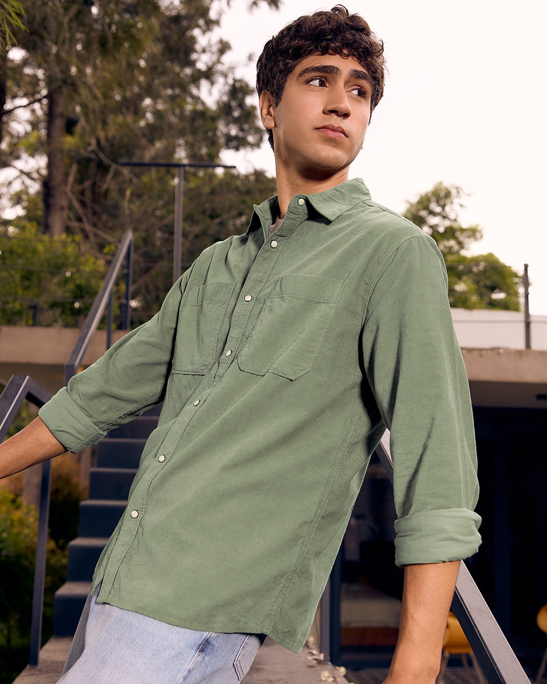 Shop Men's Olive Green Corduroy Shirt-Back