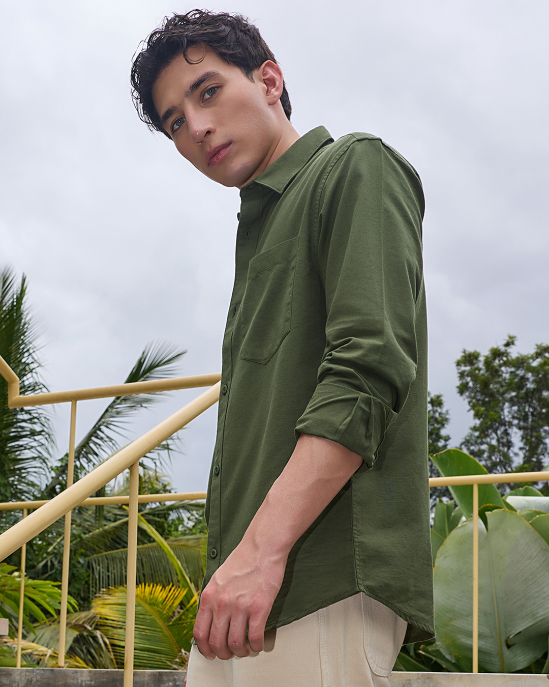 Shop Men's Olive Green Cotton Linen Shirt-Back
