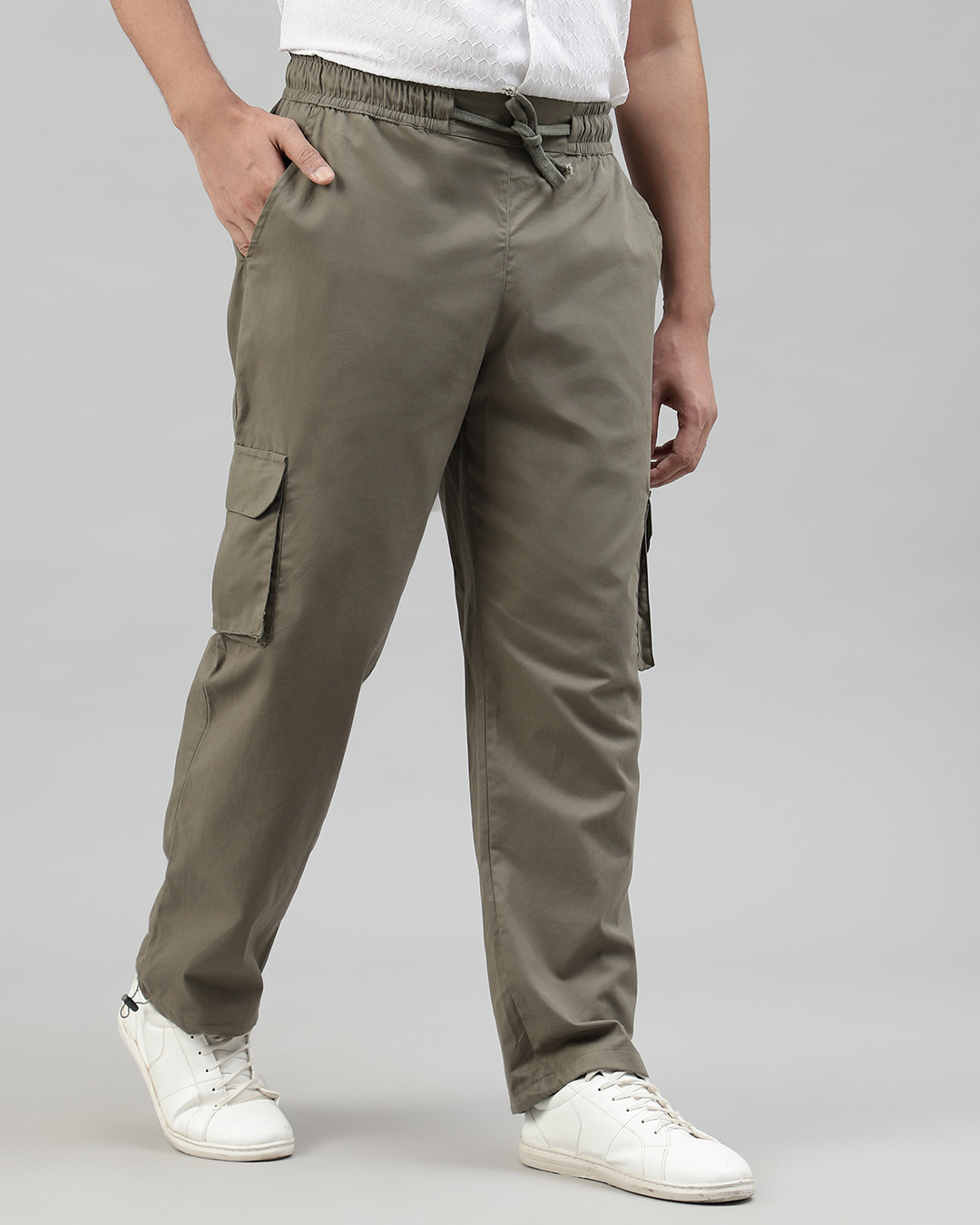 Shop Men's Olive Green Loose Comfort Fit Cargo Parachute Pants-Back