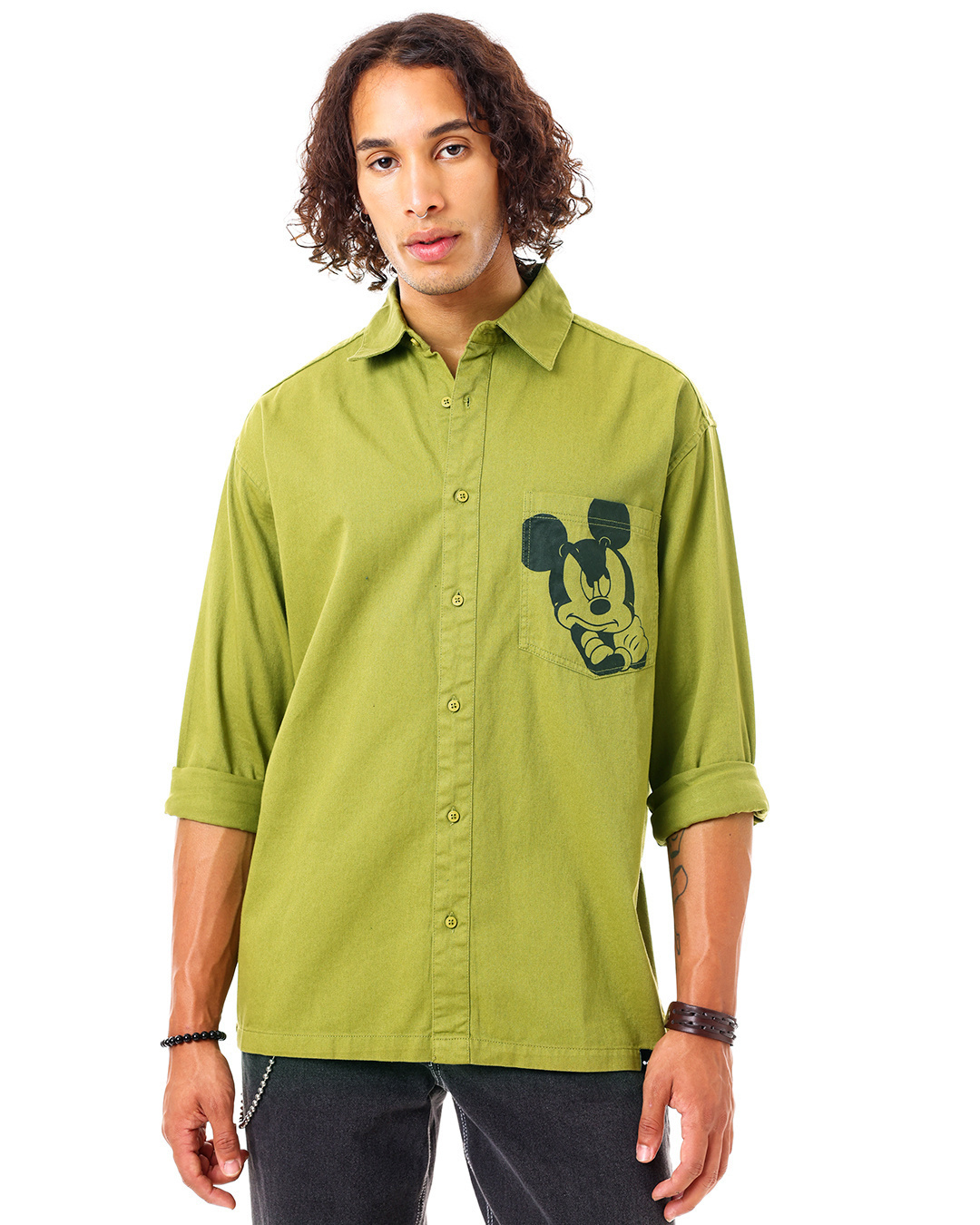 Shop Men's Olive Green Mickey Graphic Printed Oversized Shirt-Back