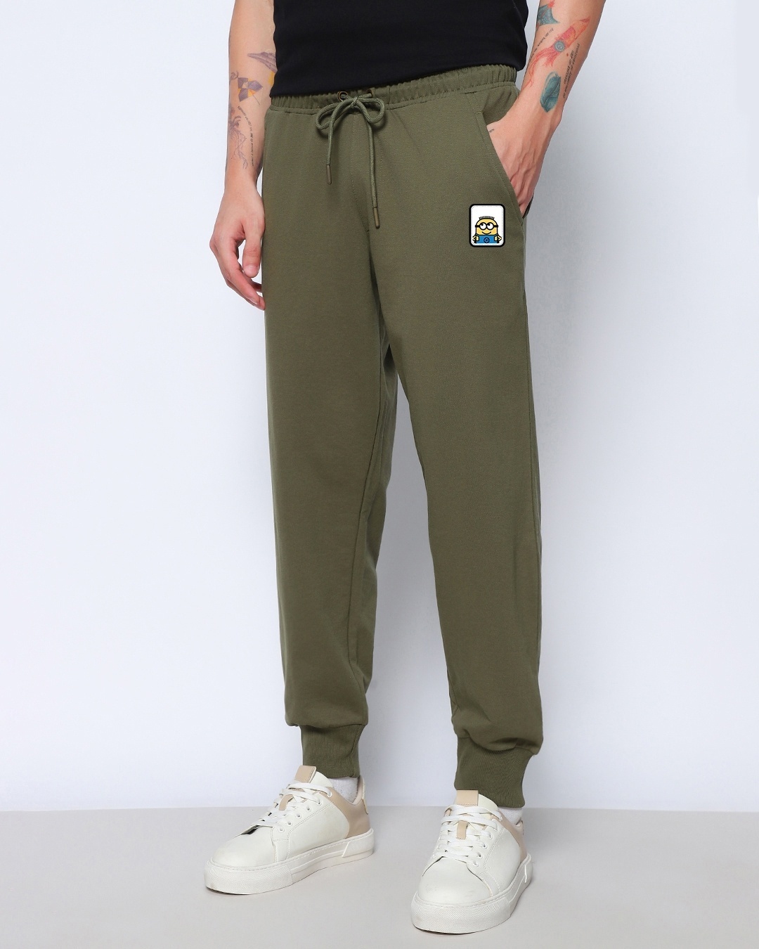 Shop Men's Olive Green Minion Badge Printed Oversized Joggers-Back
