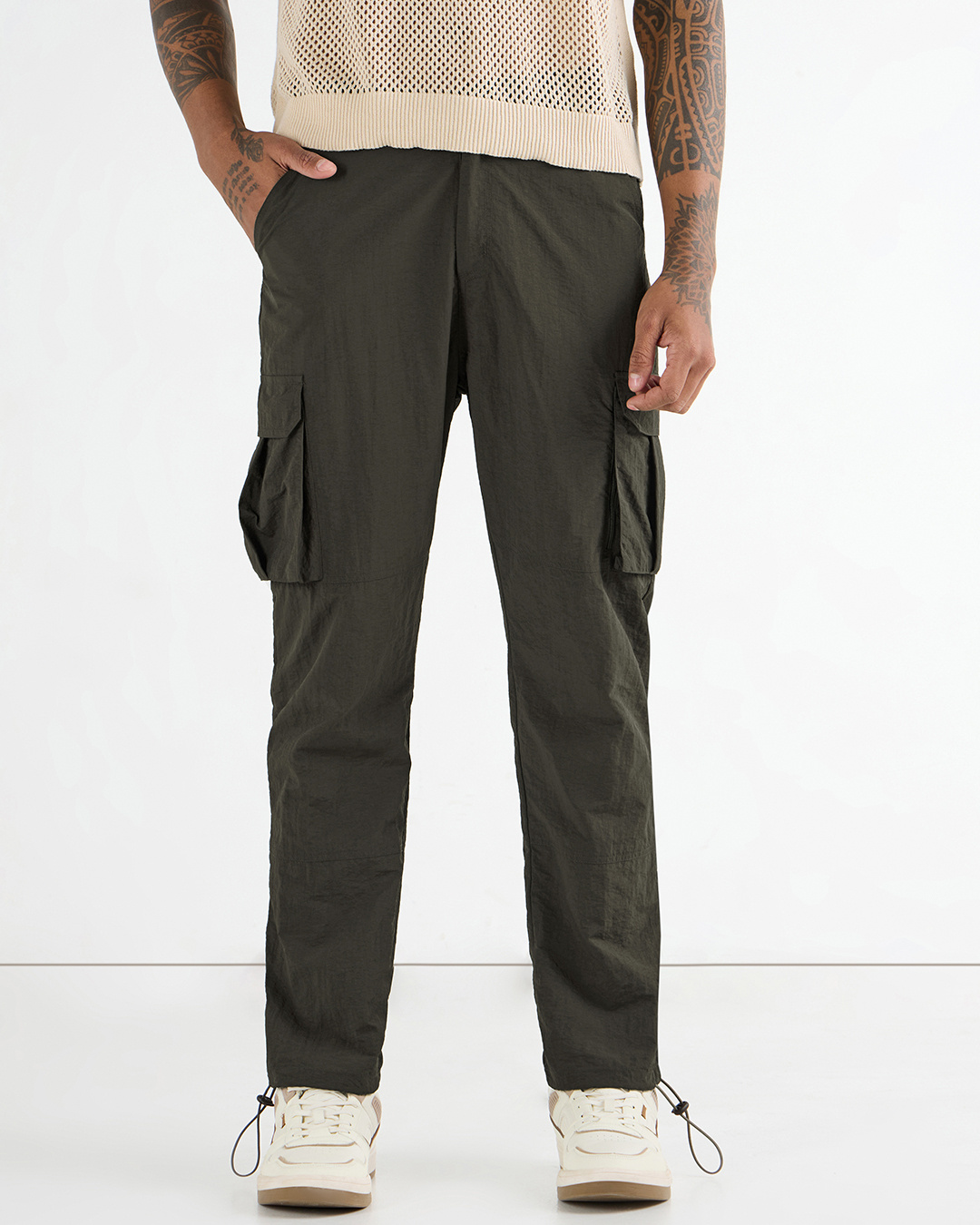 Shop Men's Olive Green Nylon Cargo Parachute Pants-Back