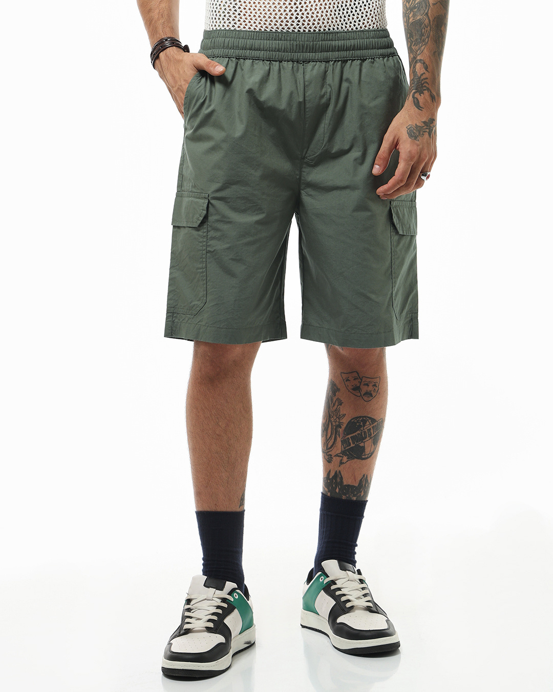 Shop Men's Olive Green Oversized Cargo Shorts-Back