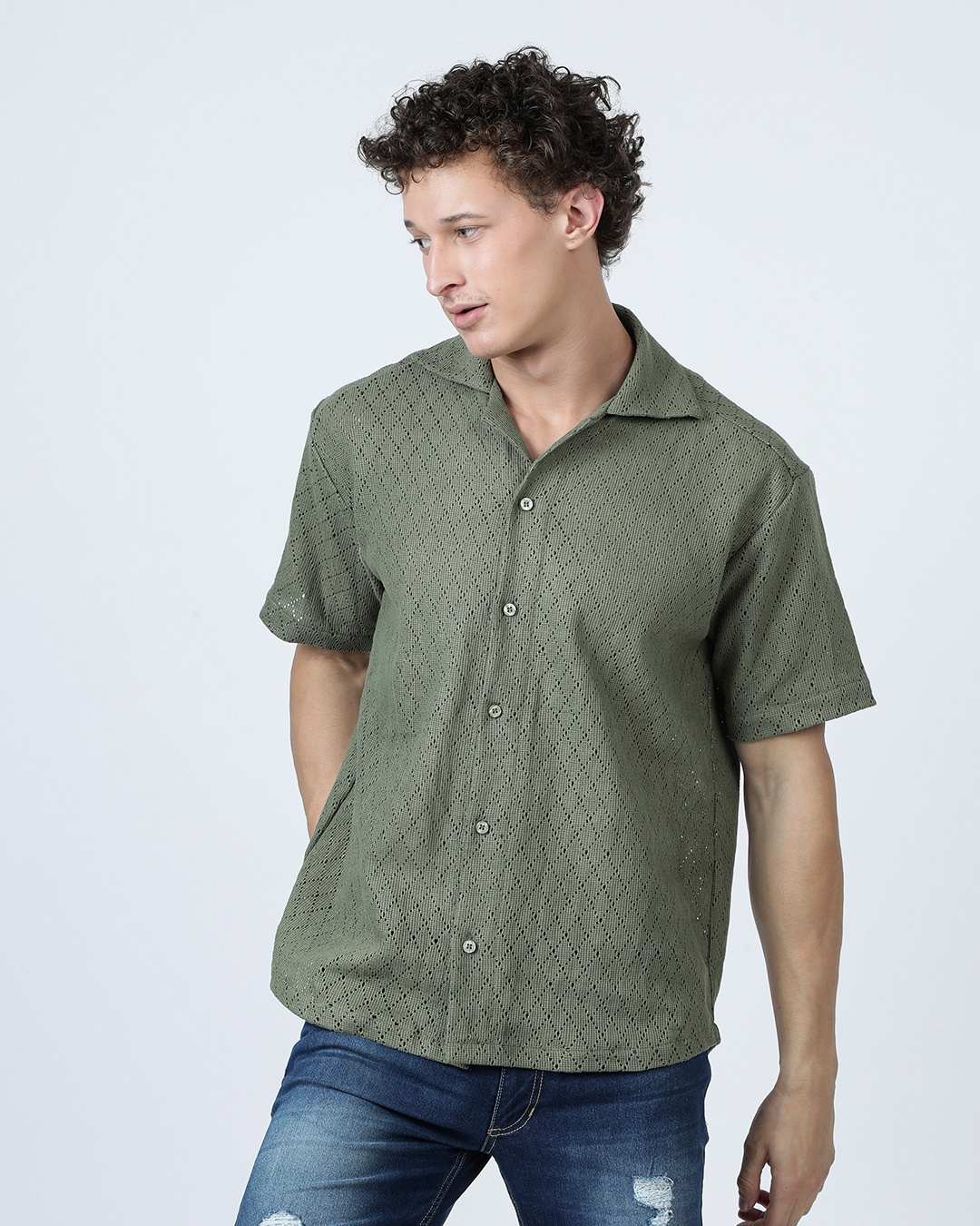 Shop Men's Olive Green Oversized Crochet Shirt-Back