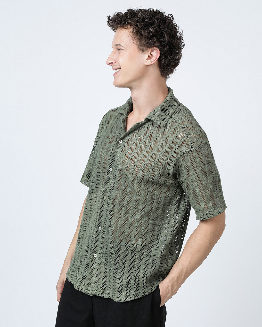 Shop Men's Olive Green Oversized Crochet Shirt-Back