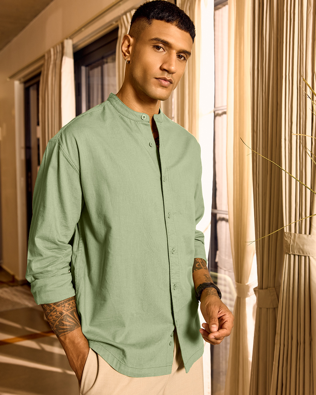 Shop Men's Olive Green Oversized Shirt-Back