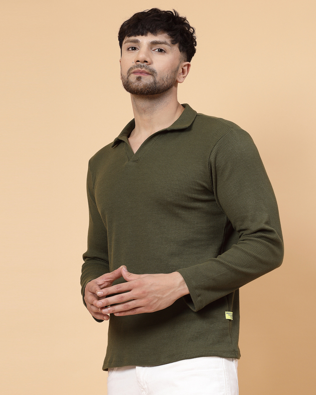 Shop Men's Olive Green Waffle Knitted Polo T-Shirt-Back