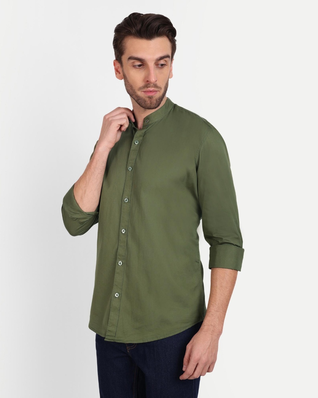 Shop Men's Olive Green Slim Fit Shirt-Back