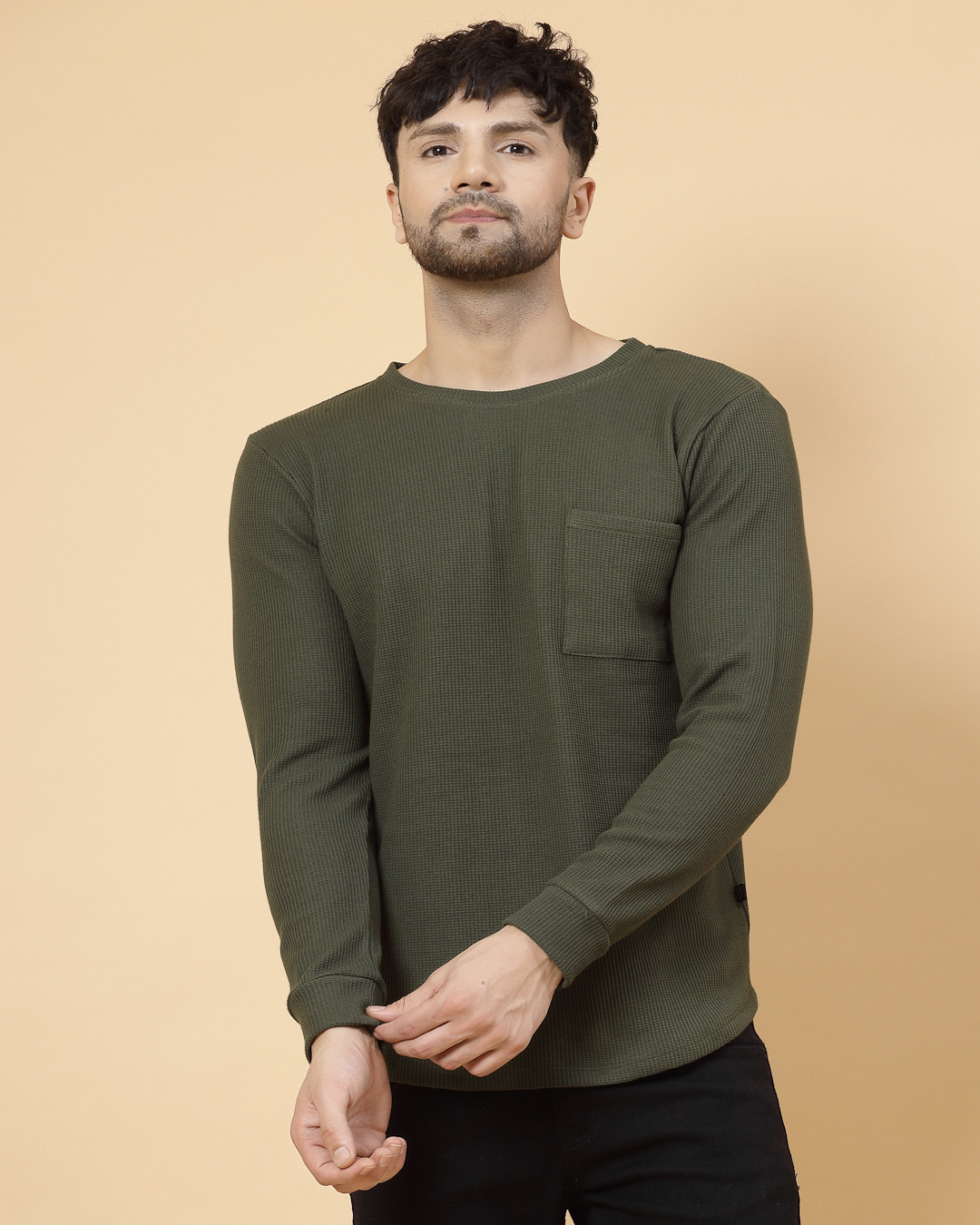 Buy Men's Olive Green Waffle Knitted T-Shirt Online at Bewakoof