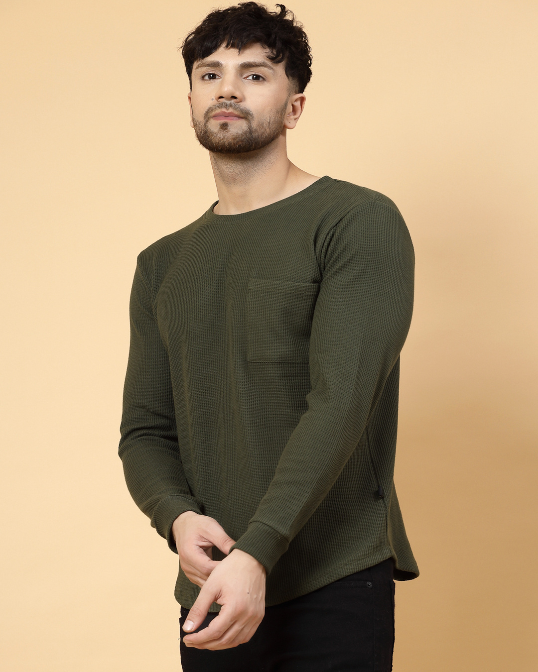 Shop Men's Olive Green Waffle Knitted T-Shirt-Back