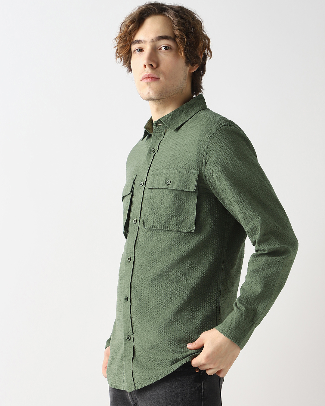 Shop Men's Olive Green Textured Shirt-Back