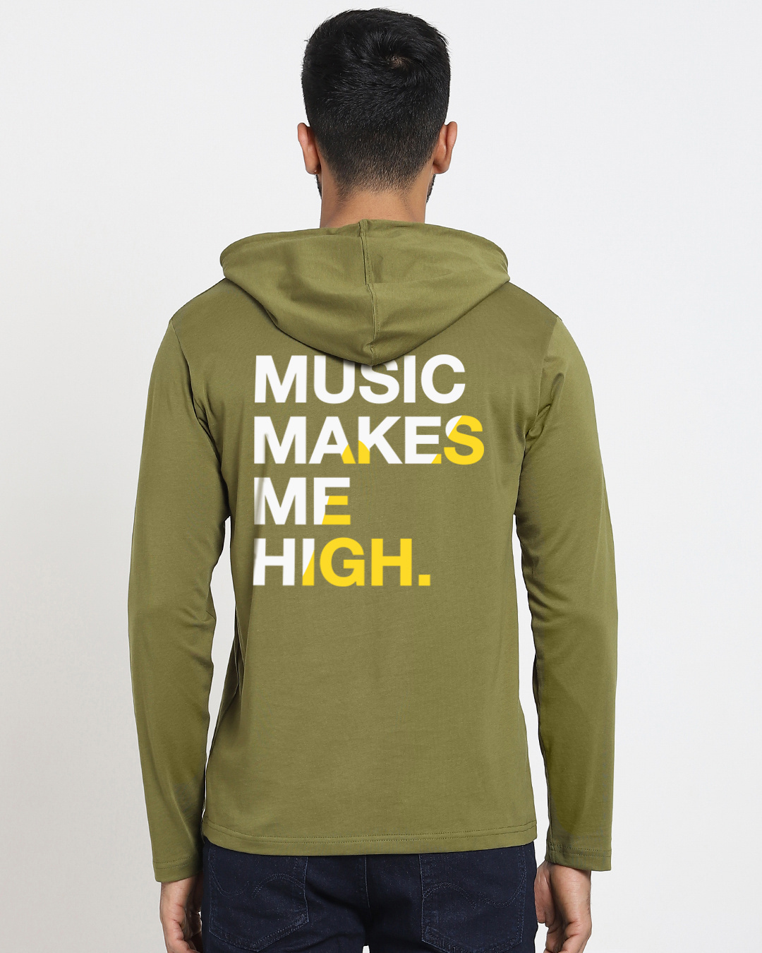 Shop Men's Olive Music Makes Me High Typography Hoodie T-shirt-Back