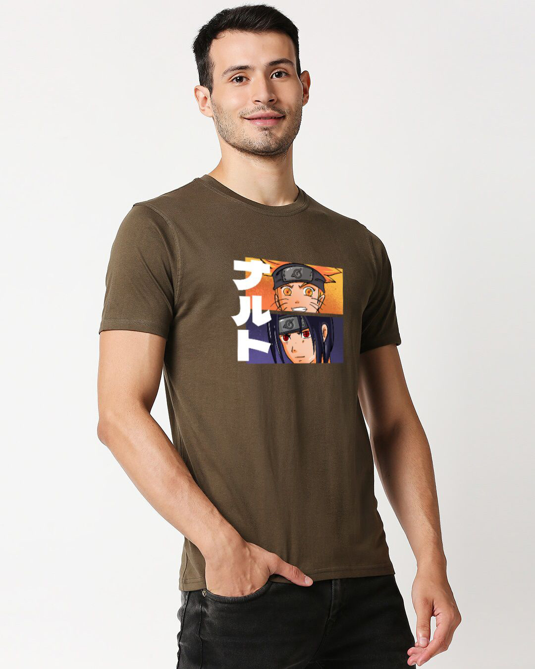 Shop Men's Olive Naruto & Sasuke Graphic Printed Cotton T-shirt-Back