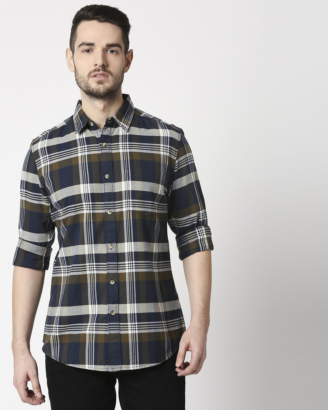 Shop Men's Olive Slim Fit Casual Check Shirt-Back