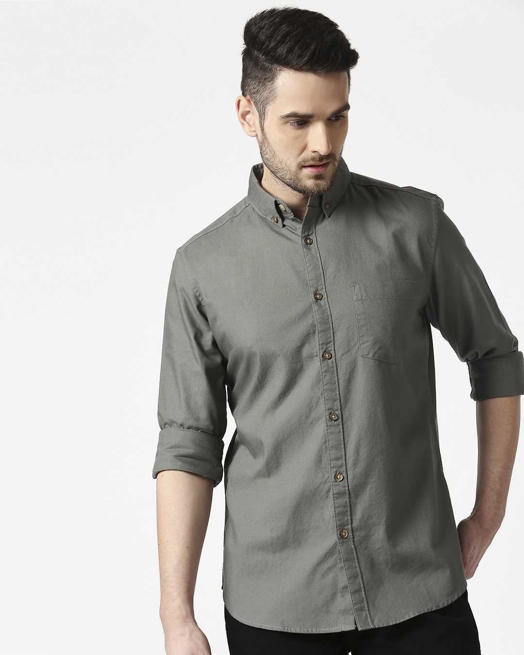Shop Men's Olive Slim Fit Casual Oxford Shirt-Back