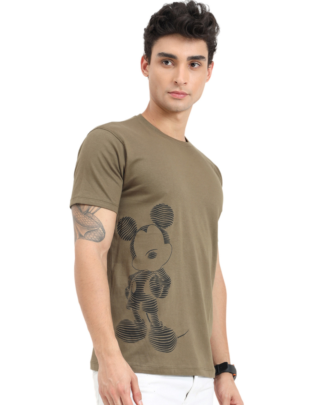 Shop Men's Olive Stripe Effect Mickey Mouse Printed T-shirt-Back