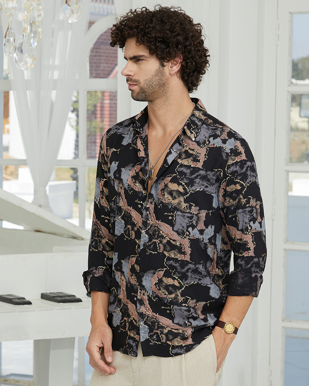 Shop Men's Onyx Black & Brown Abstract Printed Shirt-Back