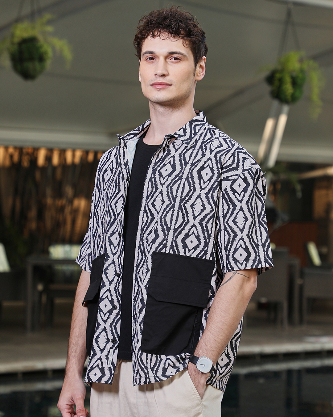 Shop Men's Onyx Black & Cream White All Over Printed Oversized Shirt-Back