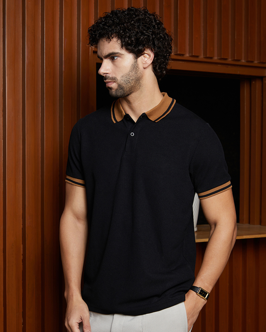 Shop Men's Onyx Black Textured Polo T-shirt-Back