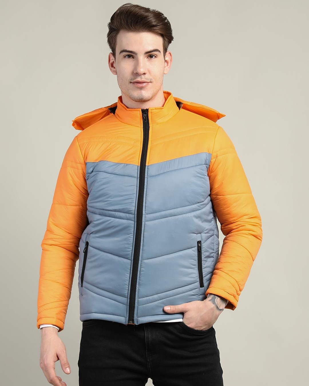 Buy Men's Orange & Blue Color Block Hooded Puffer Jacket Online at Bewakoof