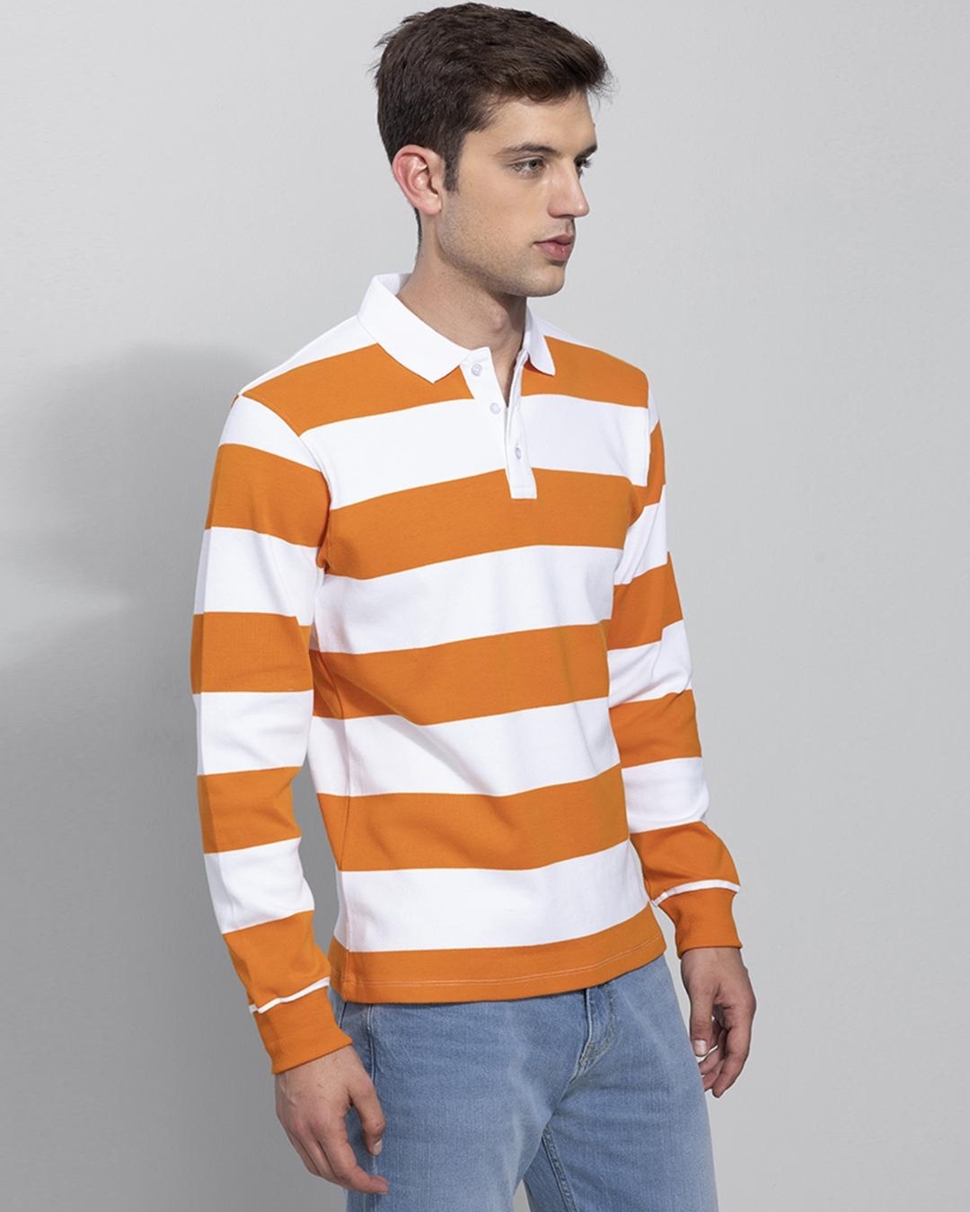 Shop Men's Orange and White Striped Slim Fit Polo T-shirt-Back
