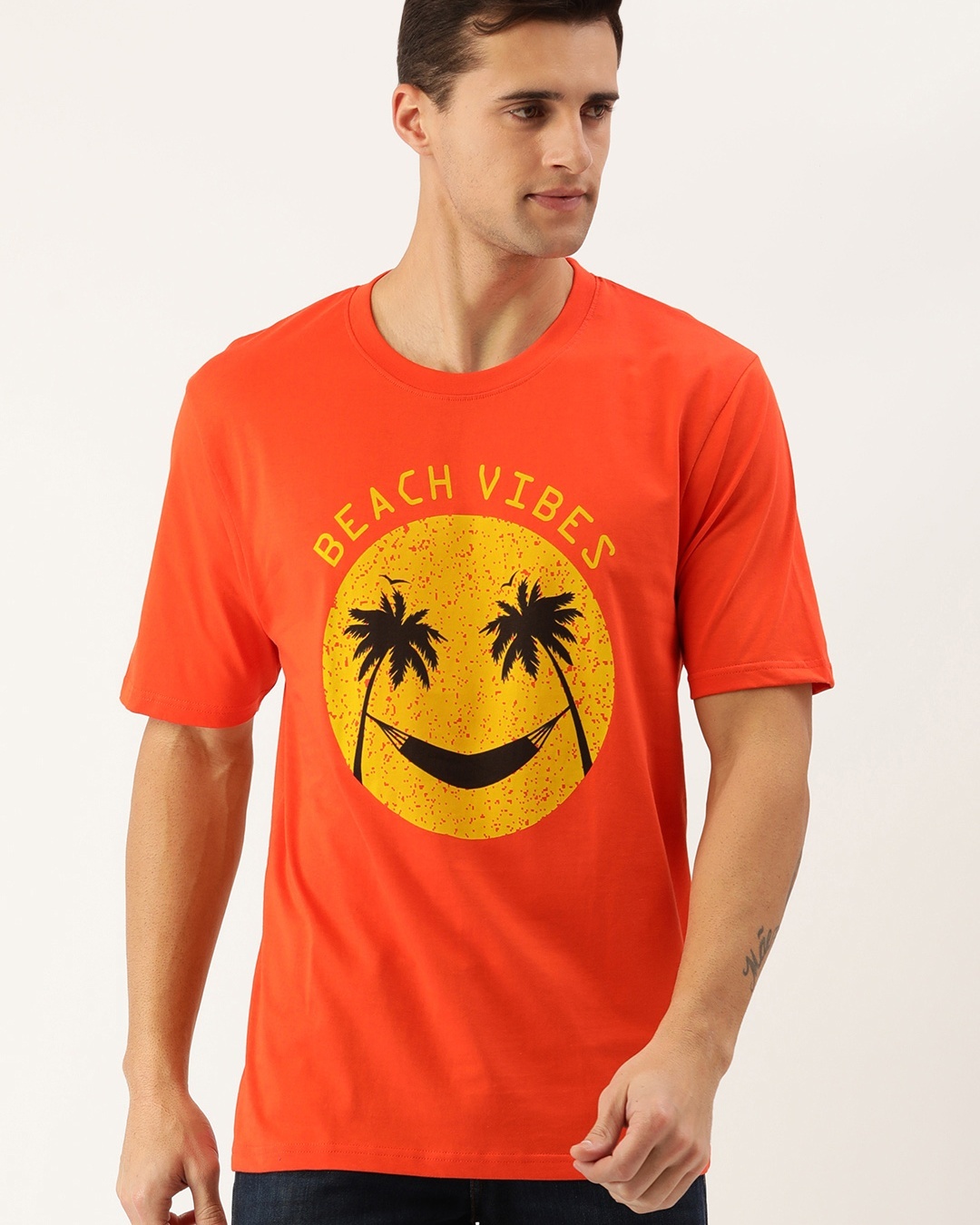 Buy Men's Orange Beach Vibes Graphic Printed Oversized Tshirt Online