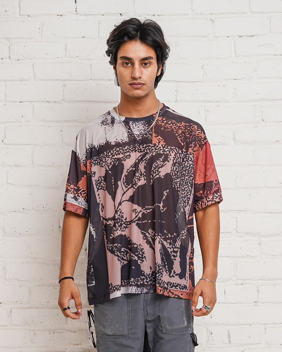 Buy Men's Orange & Black Abstract Printed Mesh Oversized T-shirt Online ...